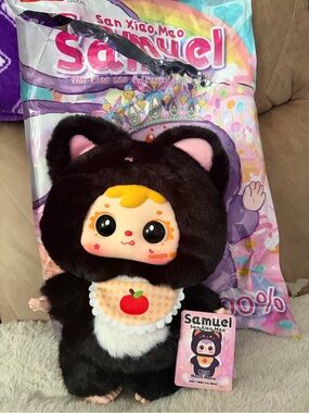 Samuel San Xiao Mao Cat Plush Doll in Black with Apple Bib